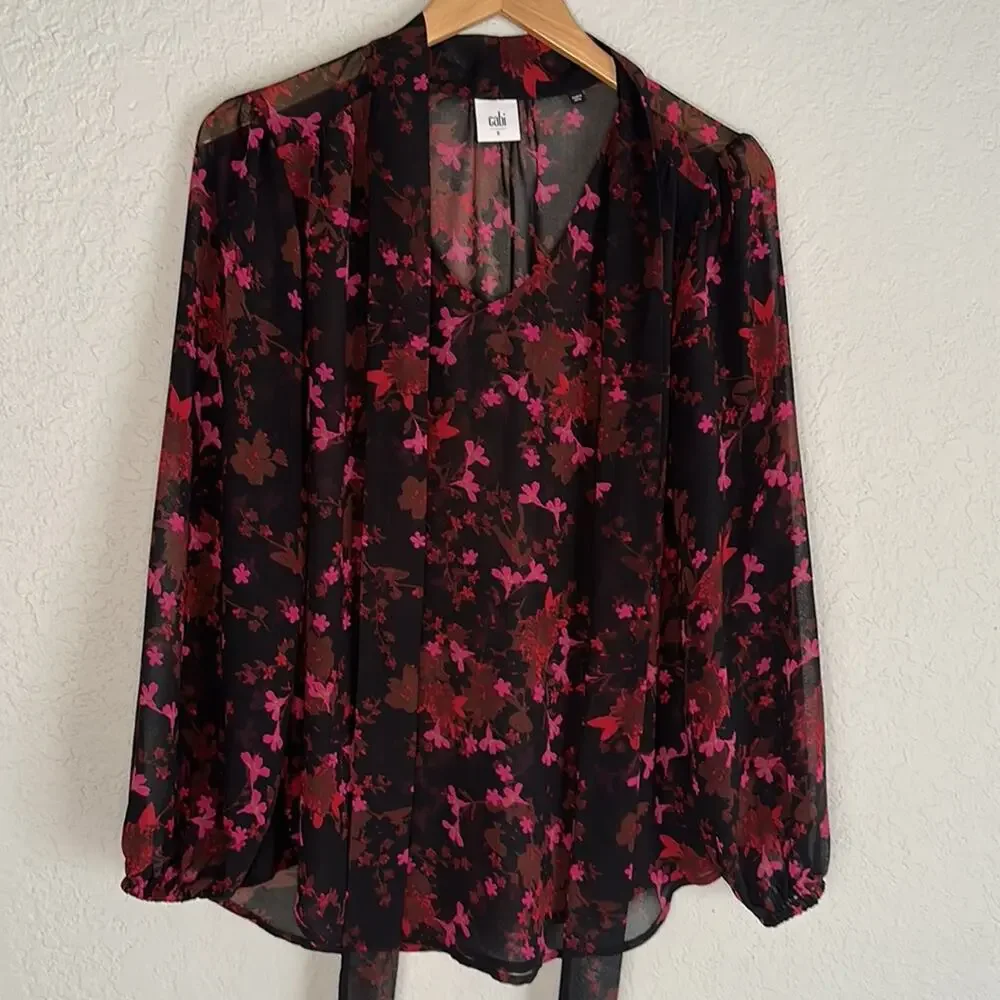 CAbi Candlelight Black Pink Floral Sheer Neck Tie Top Blouse Modest Dark Goth - Picture 3 of 6